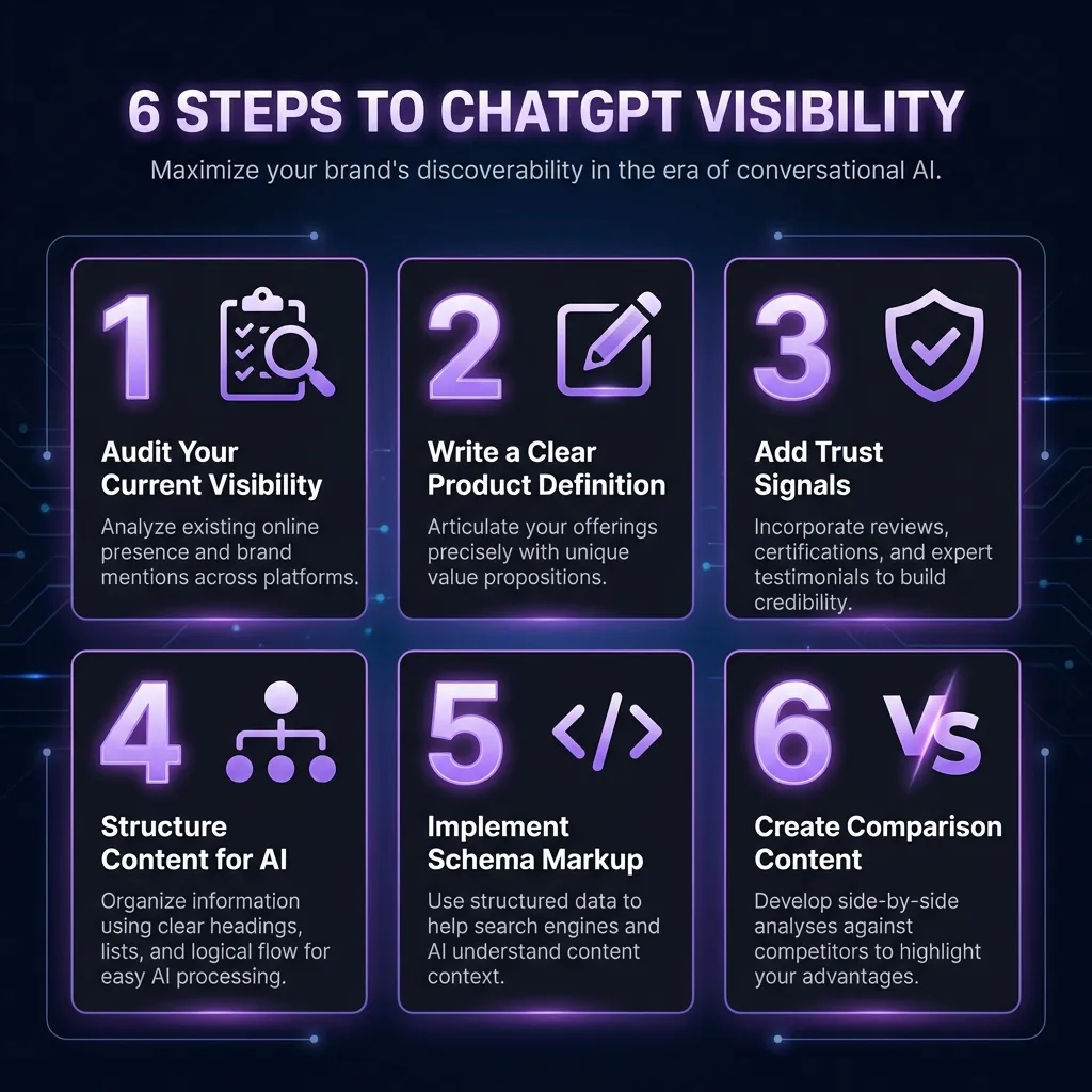 6 steps to ChatGPT visibility displayed in a grid: 1. Audit your current visibility, 2. Write a clear product definition, 3. Add trust signals, 4. Structure content for AI, 5. Implement schema markup, 6. Create comparison content