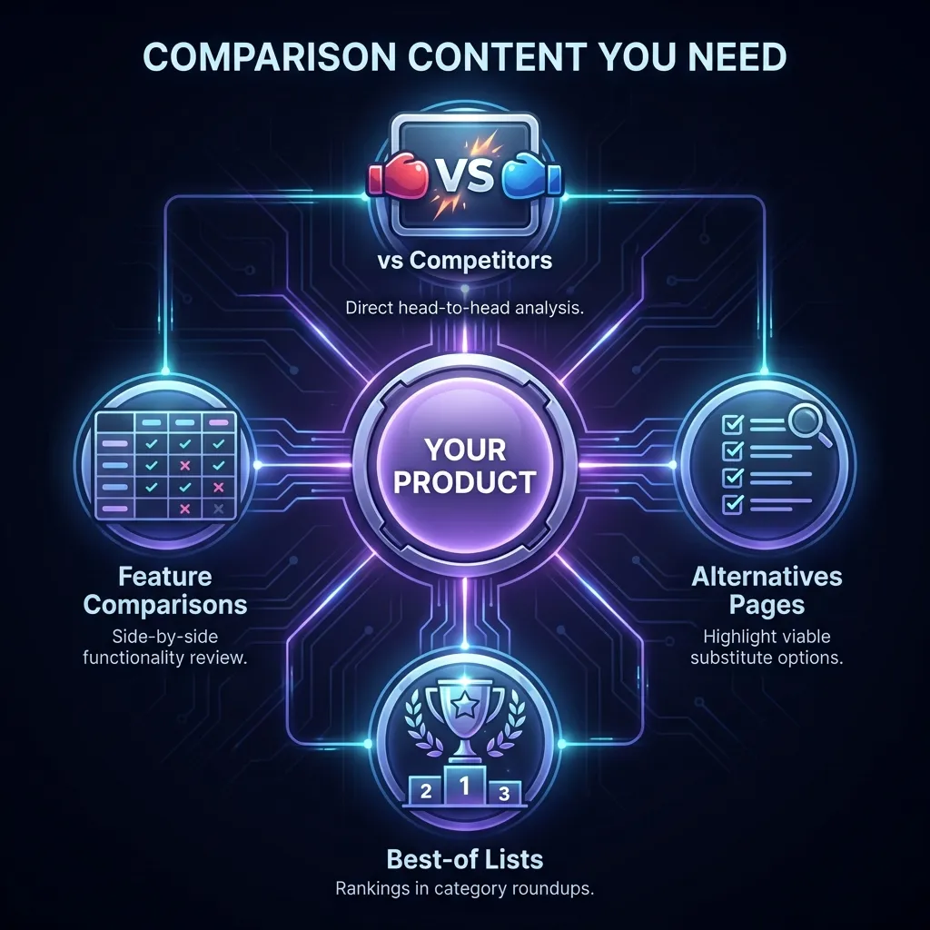 Comparison content strategy diagram with YOUR PRODUCT in center connected to 4 types: vs Competitors pages, Alternatives pages, Best-of lists, and Feature comparisons - showing how AI captures 'What's the best X?' queries