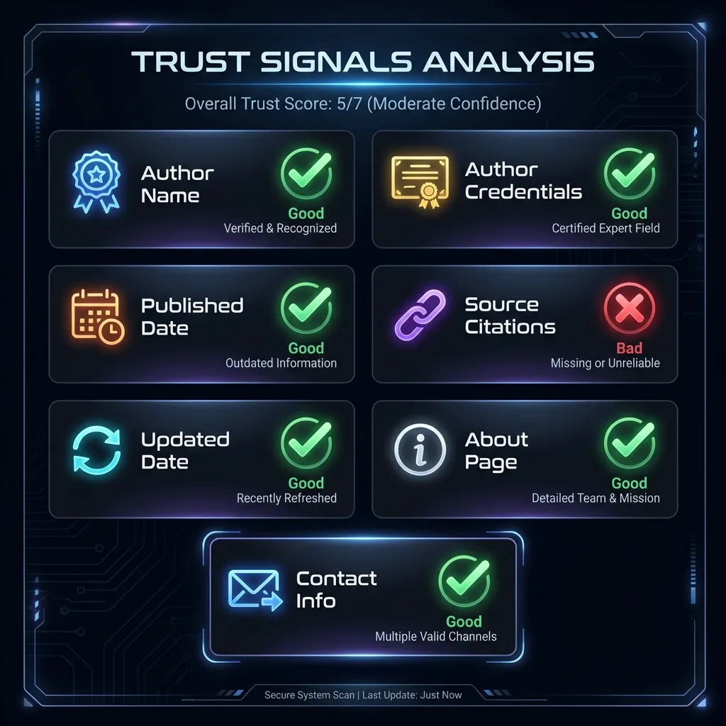 Trust signals required for AI Overviews: author name and credentials, published date, updated date, sources cited, About page, contact info